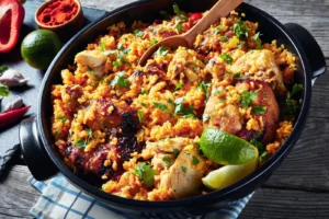 close-up of a paella dish.