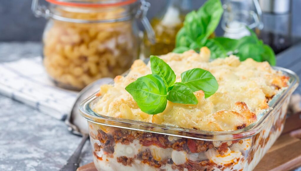 Eggplant And Ground Beef Pasta Gratin